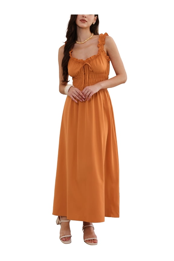 Boho Maxi Dress for Women Spaghetti Strap Square Neck A Line Flowy Smocked Dresses M Orange