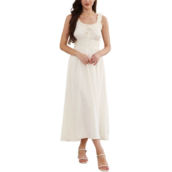 INSPIRE CHIC Boho Maxi Dress for Women Spaghetti Strap Square Neck A Line Flowy Smocked Dresses S Apricot