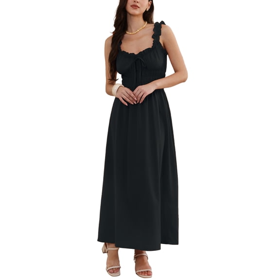 INSPIRE CHIC Boho Maxi Dress for Women Spaghetti Strap Square Neck A Line Flowy Smocked Dresses S Black