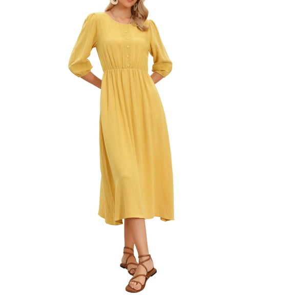 INSPIRE CHIC Boho Maxi Dress for Women's Crochet Panel 3/4 Sleeve Casual Beach Dresses M Yellow