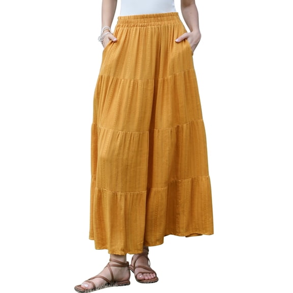 INSPIRE CHIC Boho Maxi Skirts for Women Flowy Flared Ruffle Summer Casual Tiered Elastic Waist Long Skirts L Yellow