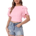 thumbnail image 1 of INSPIRE CHIC Boho Tie Front Crop Tops for Women's Textured Short Bell Sleeve Deep V Neck Beach Clothing M Light Pink, 1 of 6