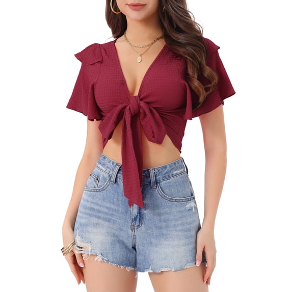 INSPIRE CHIC Boho Tie Front Crop Tops for Women's Textured Short Bell Sleeve Deep V Neck Beach Clothing XS Claret
