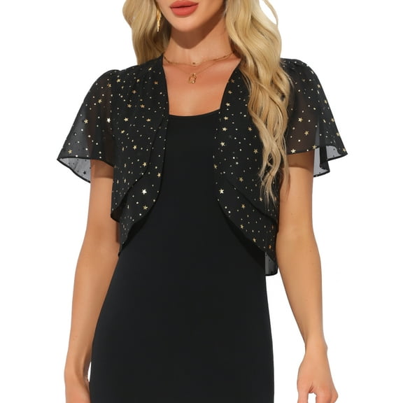 INSPIRE CHIC Bolero Shrug for Women's Metallic Glitter Star Short Sleeve Party Crop Open Front Cardigan XS Black
