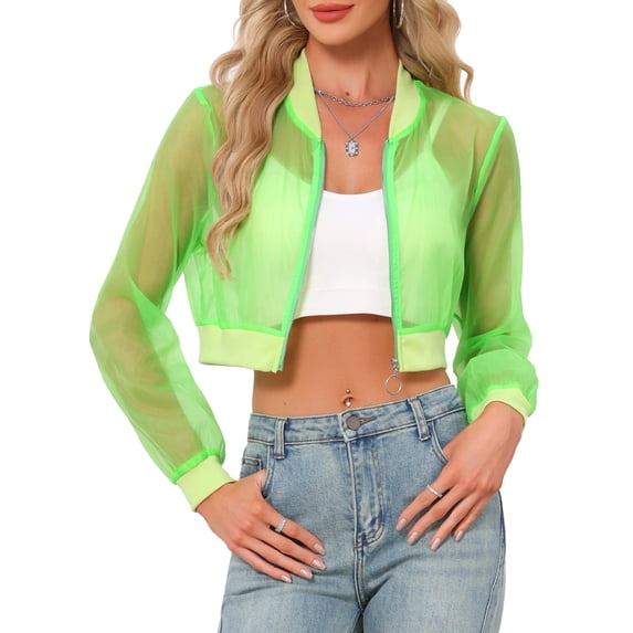 INSPIRE CHIC Bomber Crop Jacket for Women's Sheer Mesh Lightweight Long Sleeve Jackets XL Shiny Green