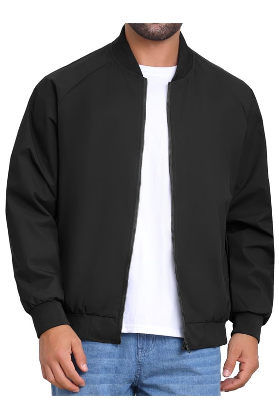 Bomber Jacket for Men's Autumn Outerwear Full Zip Up Ribbed Cuffs Baseball Jacket L Black