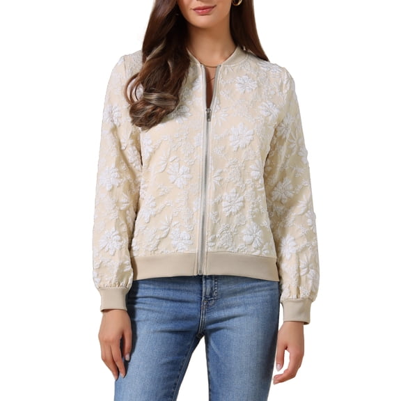INSPIRE CHIC Bomber Jacket for Women Lightweight Cropped Floral Zip Up Casual Jackets L Khaki