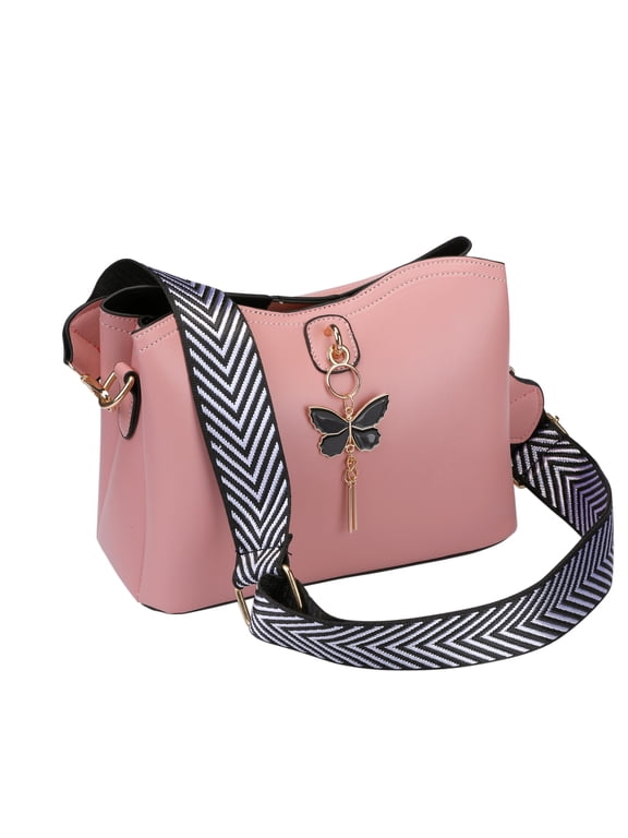 Bucket Crossbody Bags Multiple Pockets Shoulder Bag Metal Butterfly Pendant with Strap for Women Pink