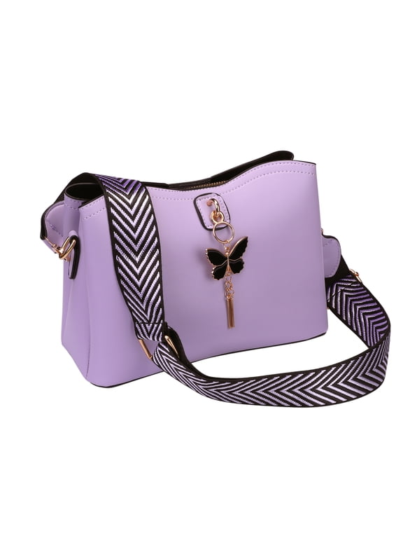 Bucket Crossbody Bags Multiple Pockets Shoulder Bag Metal Butterfly Pendant with Strap for Women Purple