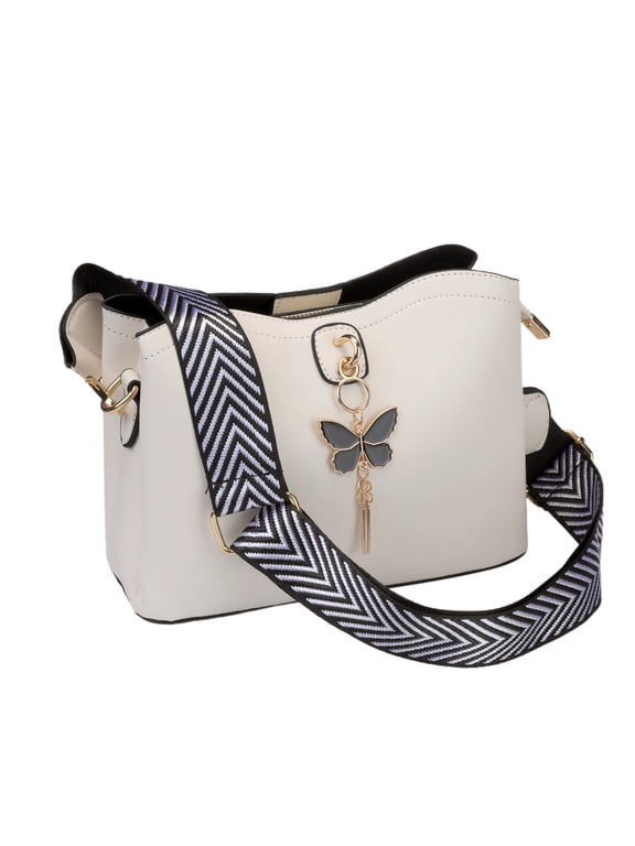 Bucket Crossbody Bags Multiple Pockets Shoulder Bag Metal Butterfly Pendant with Strap for Women White