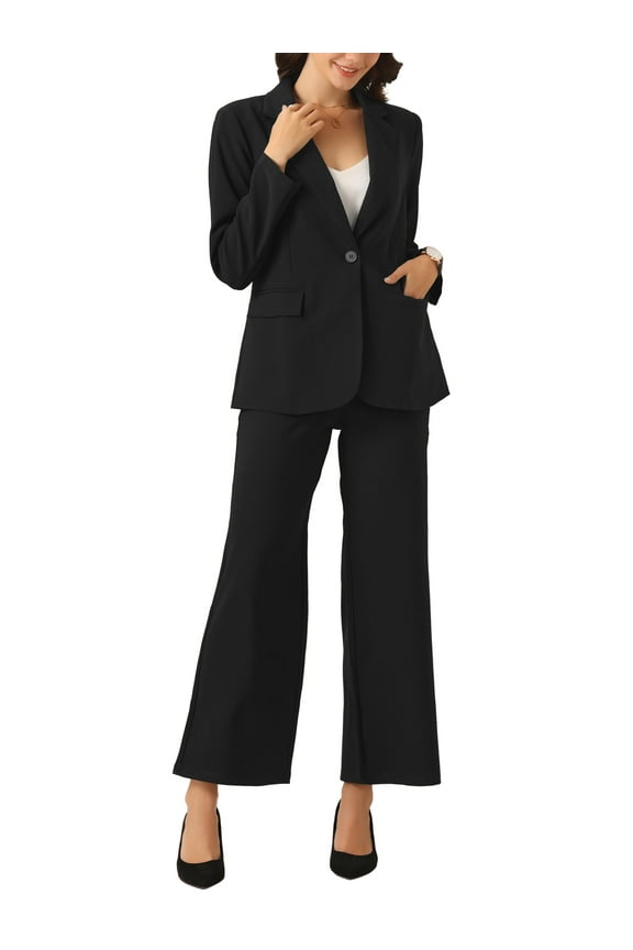 Business Blazer Pants Set for Women's One Button Office Work 2 Piece Pant Suit M Black