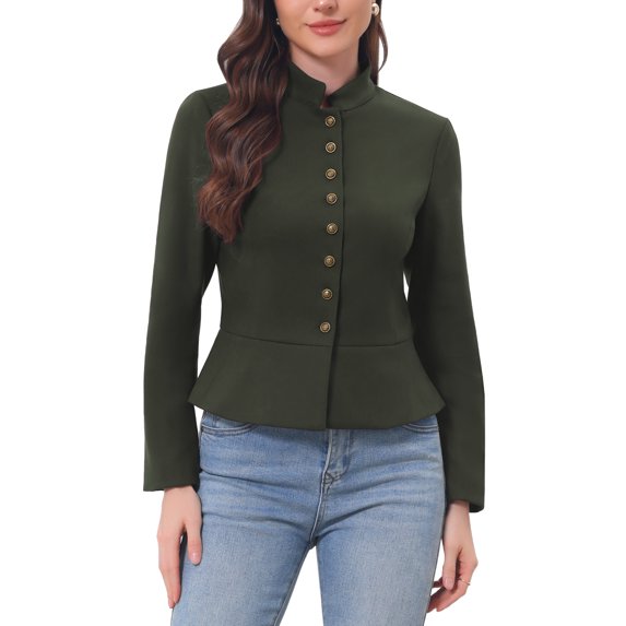 INSPIRE CHIC Business Casual Blazer for Women Classic Button Warm Stand Collar Long Sleeve Work Fitted Blazer Suit Jackets M Army green