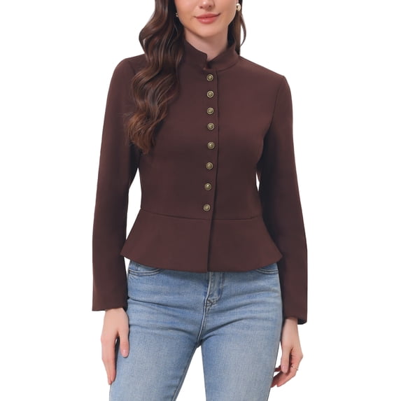INSPIRE CHIC Business Casual Blazer for Women Classic Button Warm Stand Collar Long Sleeve Work Fitted Blazer Suit Jackets XS Dark Brown