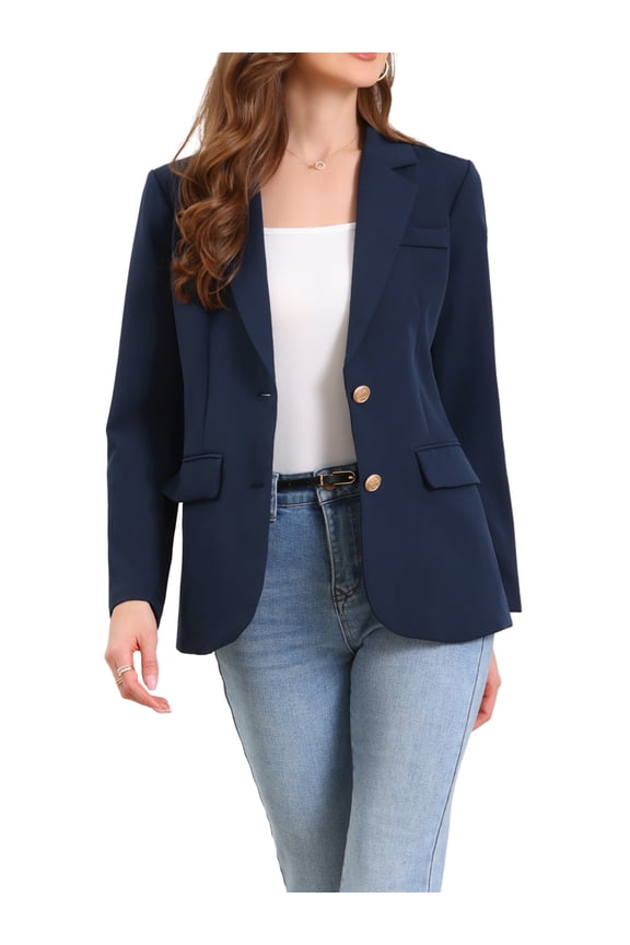 Women's Blazer Notched Lapel Long Sleeve Single Breasted Work Suit Jackets L Dark Blue