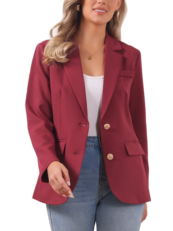 Women's Blazer Notched Lapel Long Sleeve Single Breasted Work Suit Jackets S Wine Red