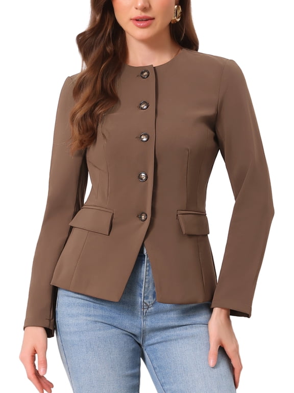 Women's Crewneck Button Down Long Sleeve Blazer Jacket Brown L