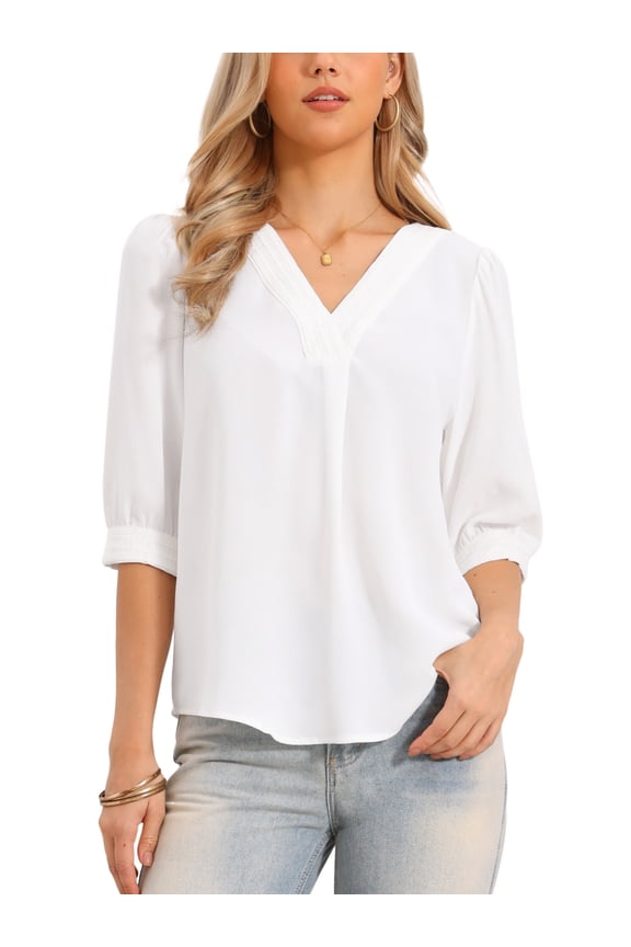 Business Casual Tops for Women V Neck 3/4 Sleeve Summer Top Chiffon Blouses M White
