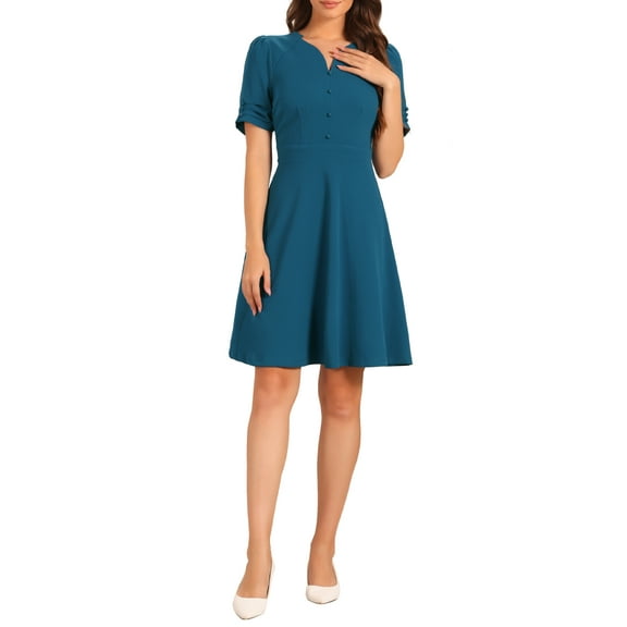 INSPIRE CHIC Business Dress for Women's Sweetheart Neck Pleated Short Sleeve A-Line Sheath Dress S Lake Blue
