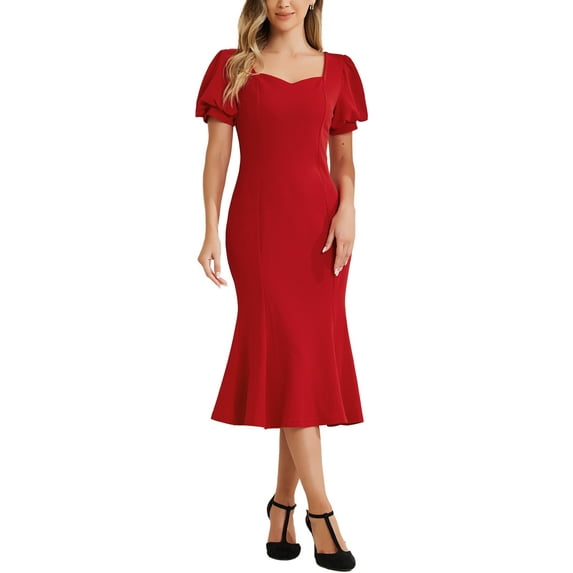 INSPIRE CHIC Business Elegant Dresses for Women's Sweetheart Neck Puff Short Sleeve Mermaid Midi Dress S Red
