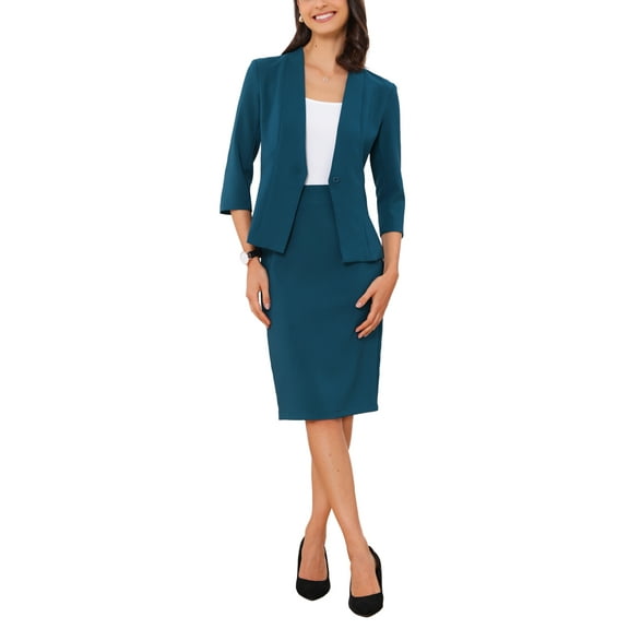 INSPIRE CHIC Business Skirt Suit Set for Women's 2 Piece Suit Collarless Blazer Pencil Skirt XL Lake Blue