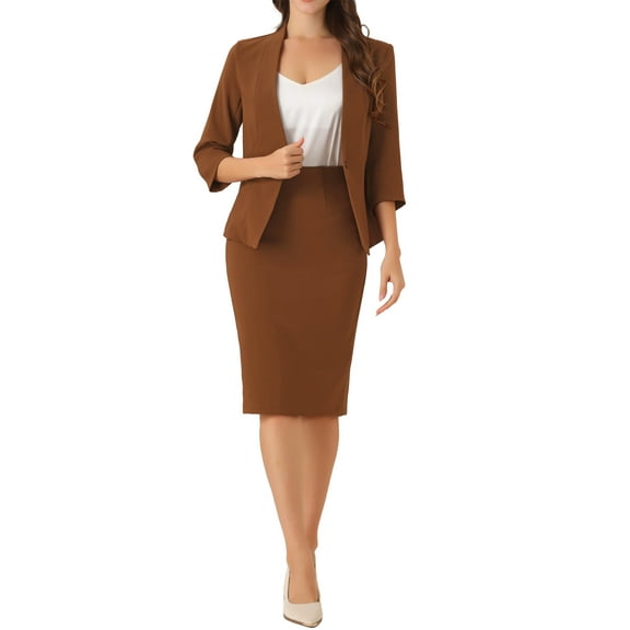 INSPIRE CHIC Business Skirt Suit Set for Women's 2 Piece Suit Collarless Blazer Pencil Skirt XS Brown