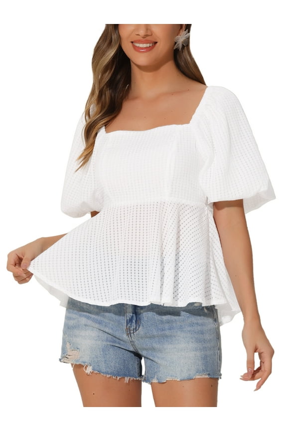 Easter Outfit Butterfly Tie Back for Women's Puff Sleeve Top Causal Square Neck Peplum Blouse L White