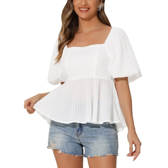 INSPIRE CHIC Butterfly Tie Back for Women's Puff Sleeve Top Causal Square Neck Peplum Blouse XL White