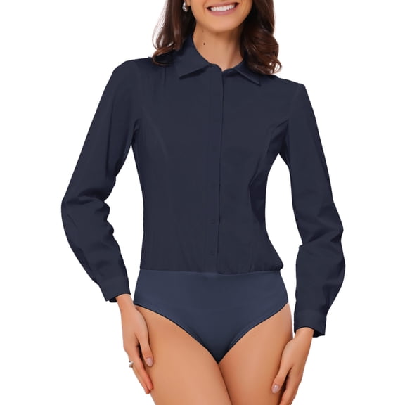 INSPIRE CHIC Button Down Bodysuit for Women's Lapel Long Sleeve Business Work Collared Shirt Top Bodysuits XL Dark Blue