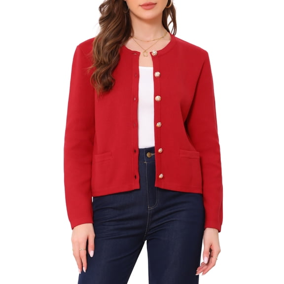 INSPIRE CHIC Button Down Cardigan Sweater for Women's Long Sleeve Crew Neck Solid Casual Knitted Jacket L Red