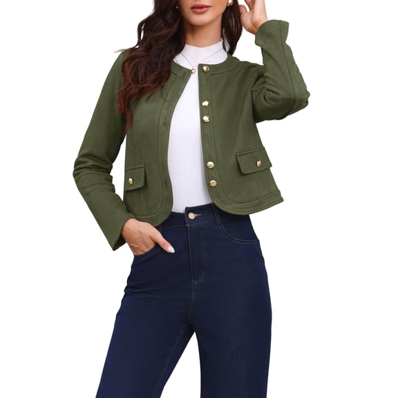 INSPIRE CHIC Button Down Coat for Women Long Sleeves Crew Neck Vintage Jackets L Olive Green
