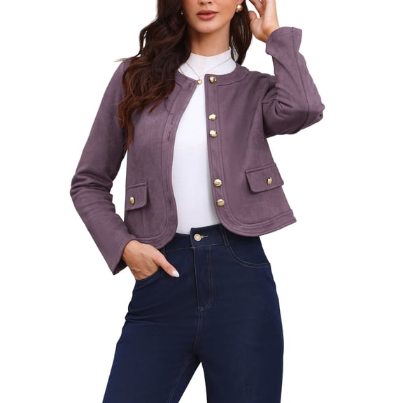 INSPIRE CHIC Button Down Coat for Women Long Sleeves Crew Neck Vintage Jackets L Purple