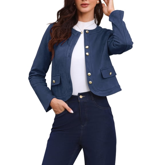 INSPIRE CHIC Button Down Coat for Women Long Sleeves Crew Neck Vintage Jackets M Dark Blue