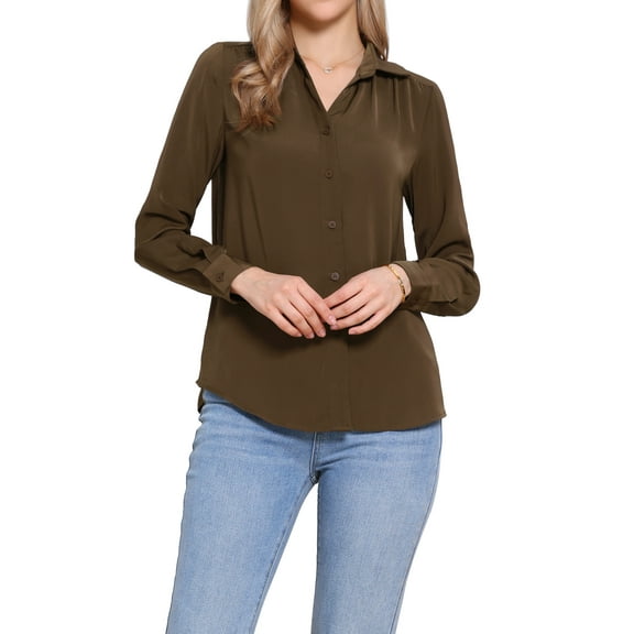 INSPIRE CHIC Button Down Collared Shirt for Women's Long Sleeve 2025 Business Casual Blouse Top XS Brown