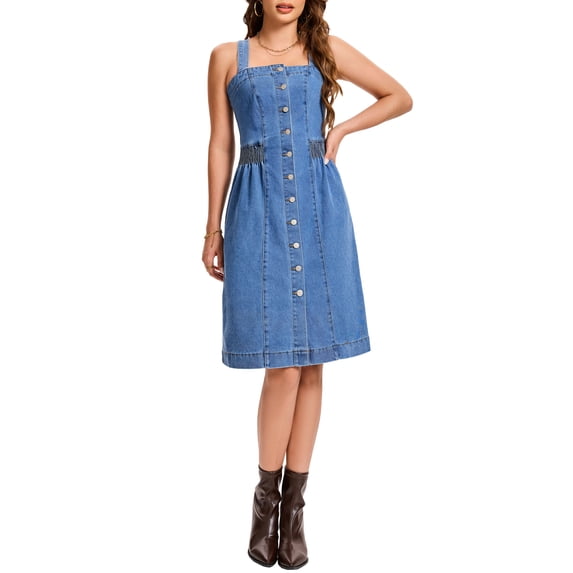 INSPIRE CHIC Button Down Denim Dress for Women's Sleeveless Square Neck Jean Dresses S Blue