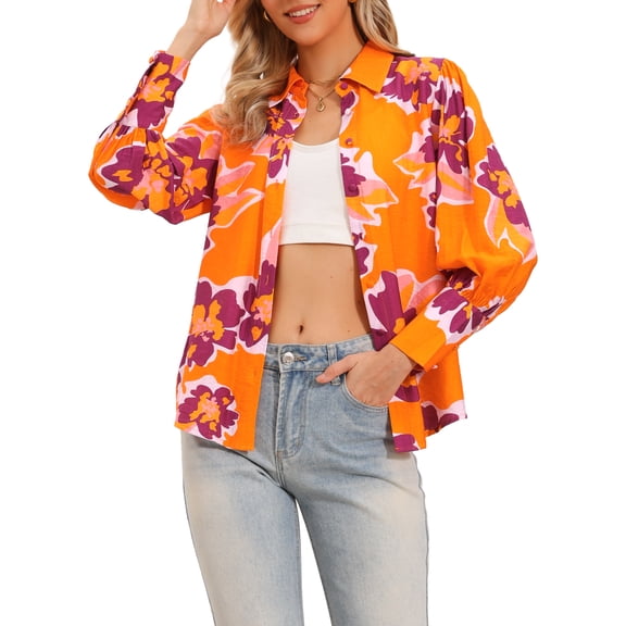 INSPIRE CHIC Button Down Floral Shirt for Women's Lantern Long Sleeve Point Collar Spring Summer Boho Blouse Top XL Orange
