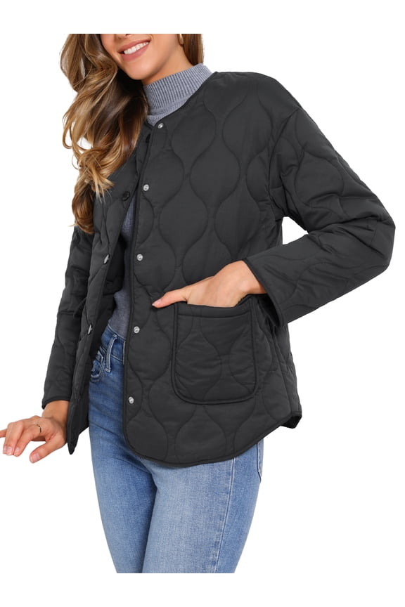 Button Down Quilted Jackets for Women Lightweight Puffer Jacket Trendy Casual Outerwear Winter Coat with Pockets XS Black