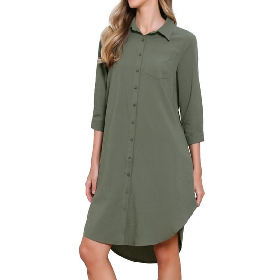 INSPIRE CHIC Button Down Shirt Dress for Women's Casual 3/4 Sleeve Collared Shirts Lightweight Cover Up Dresses L Army Green