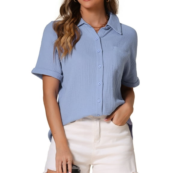 INSPIRE CHIC Button Down Shirts for Women Cotton Top Casual Short Sleeve Blouses with Pockets XS Gray Blue