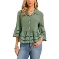 thumbnail image 1 of INSPIRE CHIC Button Down Shirts for Women's 3/4 Bell Sleeve Casual Ruffle Hem Tops Eyelet Blouse XS Gray Green, 1 of 6