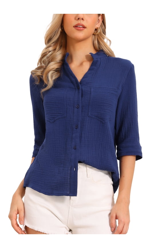 Button Down Shirts for Women's Half Sleeve Stand Collared Tops Summer Casual Blouses XS Dark Blue