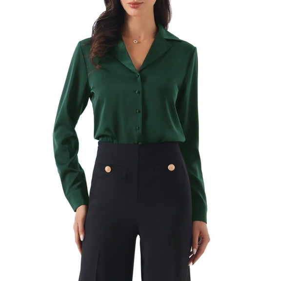 INSPIRE CHIC Button Up Leotard Shirt for Women's Satin Long Sleeve Notched Lapel Business Work Bodysuit S Dark Green