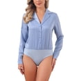 thumbnail image 1 of INSPIRE CHIC Button Up Leotard Shirt for Women's Satin Long Sleeve Notched Lapel Business Work Bodysuit XS Dusty Blue, 1 of 6