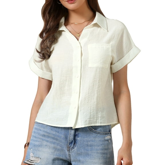 INSPIRE CHIC Button Up Shirt for Women's Casual Work Short Sleeve Summer Collared Blouse L White