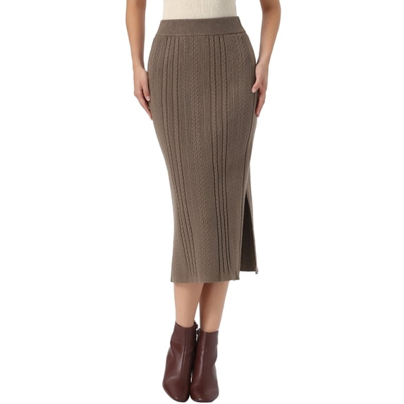 INSPIRE CHIC Cable Knit Sweater Skirt for Women's Elastic Waist A-Line Side Slit Casual Ribbed Knit Maxi Skirt S Brown