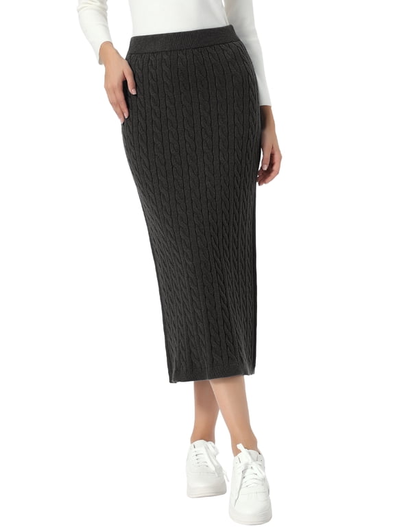 Cable Knit Sweater Skirt for Women's Elastic Waist Straight Ribbed Casual Knit Maxi Skirt L Black