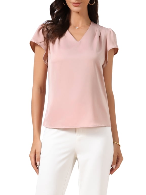 Outfit Cap Short Sleeve Tops for Women's V Neck Pleated Front Satin Blouse XL Dusty Pink
