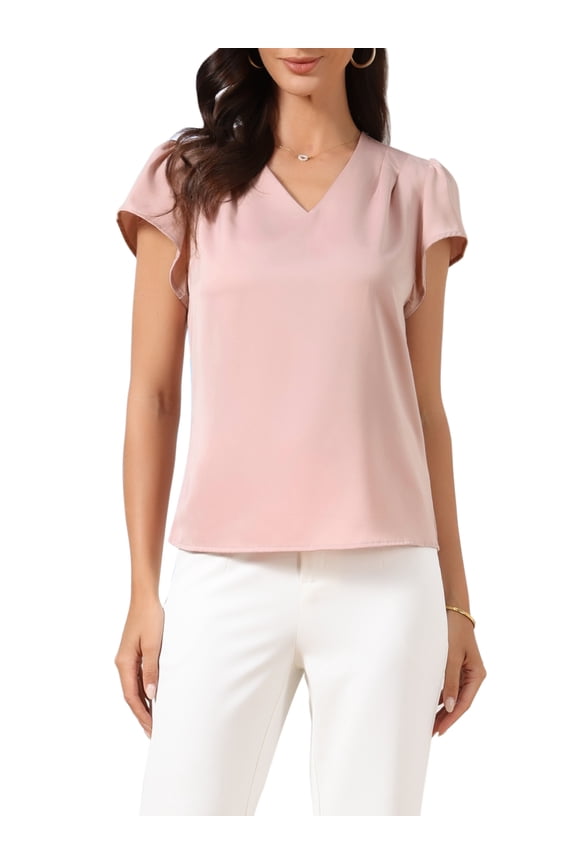 Cap Short Sleeve Tops for Women's V Neck Pleated Front Satin Blouse XL Dusty Pink
