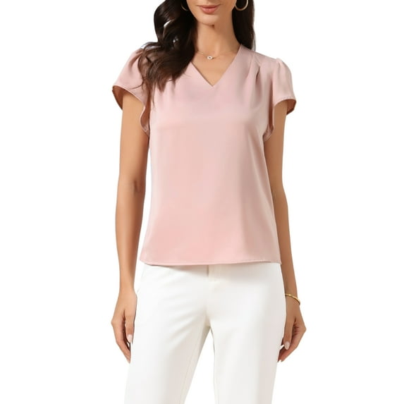 INSPIRE CHIC Cap Short Sleeve Tops for Women's V Neck Pleated Front Satin Blouse XS Dusty Pink