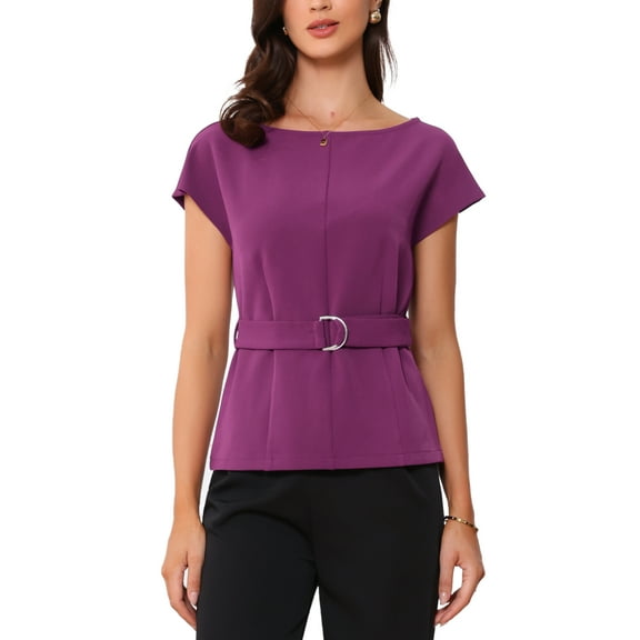 INSPIRE CHIC Cap Sleeve Dressy Top for Women's Boat Neck Office Work Belted Peplum Tops L Dark Purple