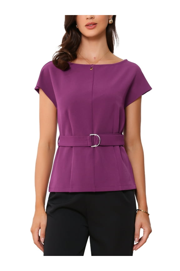 Cap Sleeve Dressy Top for Women's Boat Neck Office Work Belted Peplum Tops L Dark Purple